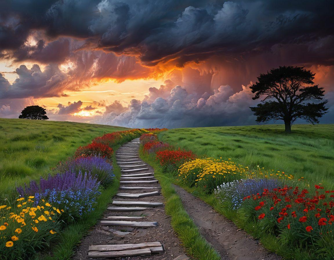 A vivid portrayal of a winding path that transitions from a dark, stormy landscape representing sorrow, to a bright, sunny meadow symbolizing satisfaction. Along the path, silhouette figures depict a range of emotions, from despair to joy, intertwined with artistic representations of risqué content that evoke intrigue and transformation. The sky transitions from grey clouds to a vibrant sunset, symbolizing hope. surrealism. vibrant colors. dynamic perspective.