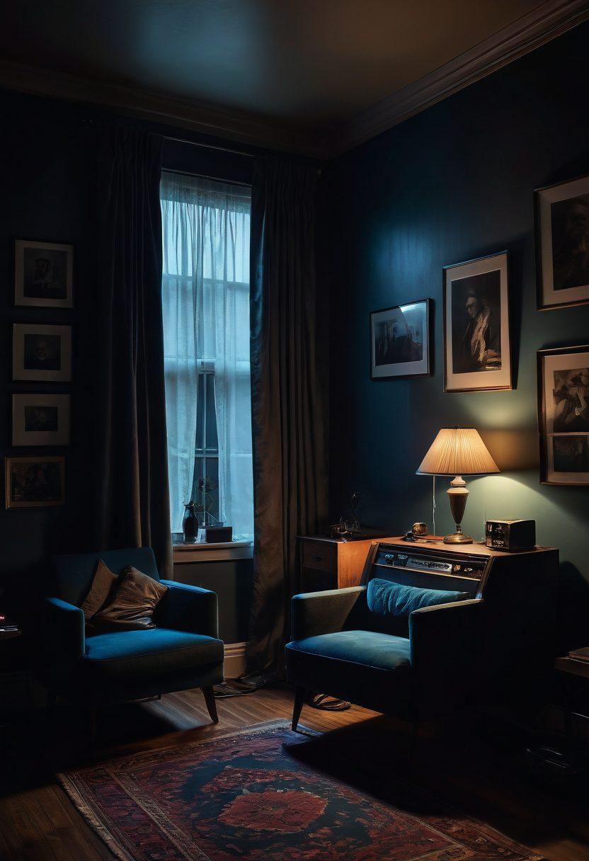 A dimly lit room with a partially open curtain casting shadows, revealing a vintage record player and scattered vinyl records, symbolizing nostalgia. A silhouette of a person sits on a plush velvet chair, deep in thought, surrounded by muted tones of blue and gray, representing melancholy. In the background, a faint glow of neon lights hints at the vibrant allure of adult entertainment. The overall atmosphere blends sadness with a touch of intrigue. moody lighting. cinematic style. rich textures.