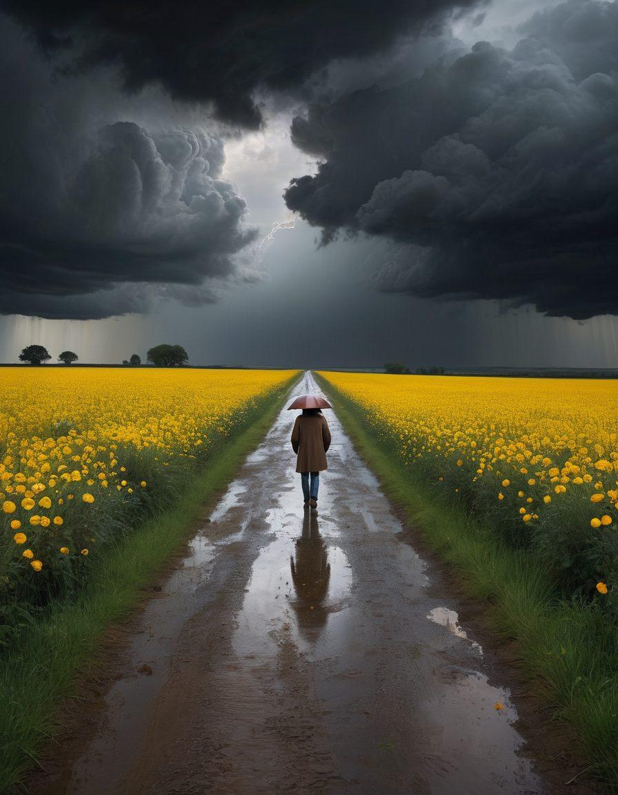 A moody yet vibrant scene depicting a figure standing at a crossroads under a stormy sky, with one path leading to dark clouds and rain representing despair, while the other shimmers with golden light and flowers symbolizing joy. The figure gazes thoughtfully at both directions, embodying a complex blend of emotions. Elements of adult media subtly integrated into the environment, reflecting both aspects of the title. surrealistic style. rich contrast. emotional depth.